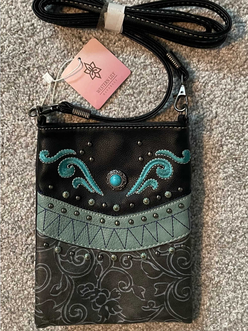 Western Lily Black Crossbody Bag with Turquoise Accents